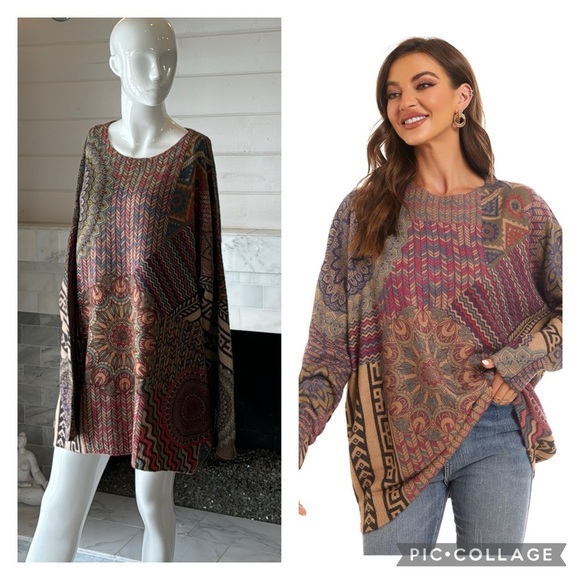 Mixed Tan Keiledescope Print Cotton & Wool Dolman Plus Size Sweater Size XXL - Picture 1 of 13